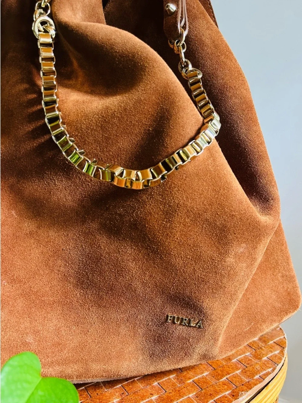 Furla Minerva Suede Hobo Bag Brown Chain Strap Shoulder Boho Luxe Italy Chic